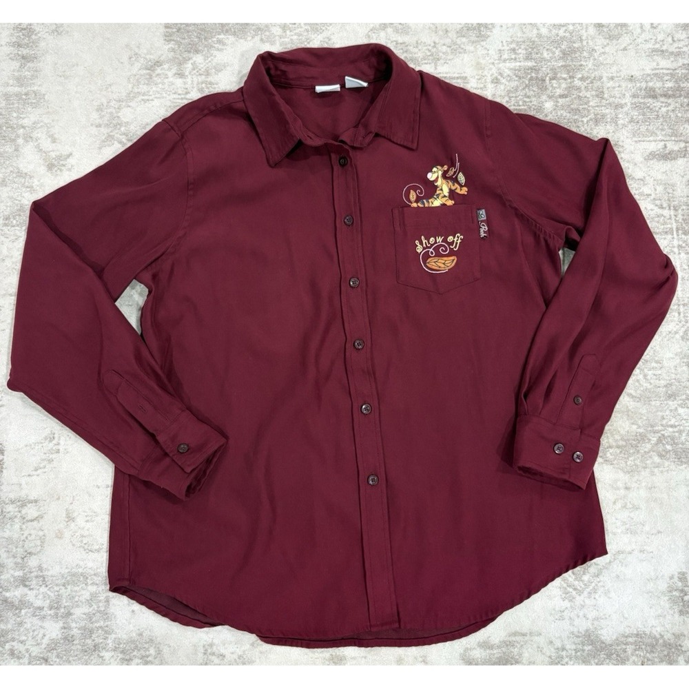 Vintage Disney Store Tiger Fall Button Up Shirt Size L Red Pocket Embroidered